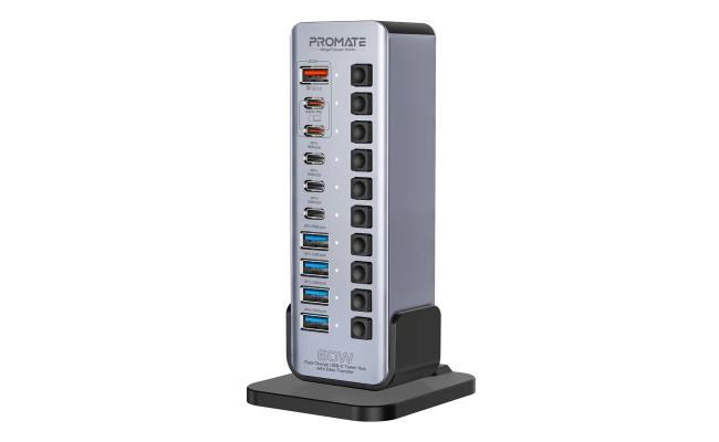 Promate GegaTower-60W, Fast Charge Multi-port USB-C Tower Hub with 5Gbps Data Transfer